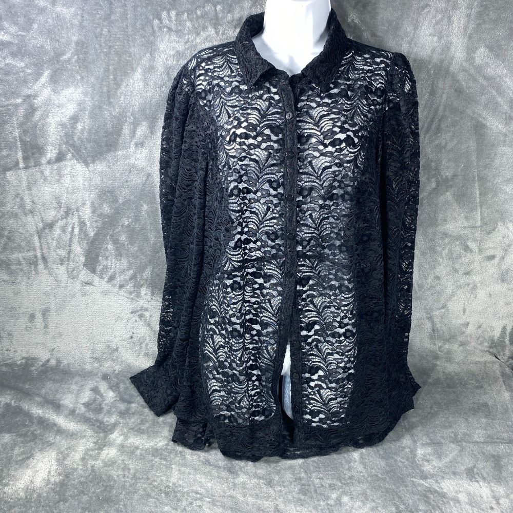 Torrid Women's Black Lace Button Up Blouse 1X Long Sleeve Sheer Gothic Romantic - Picture 2 of 10